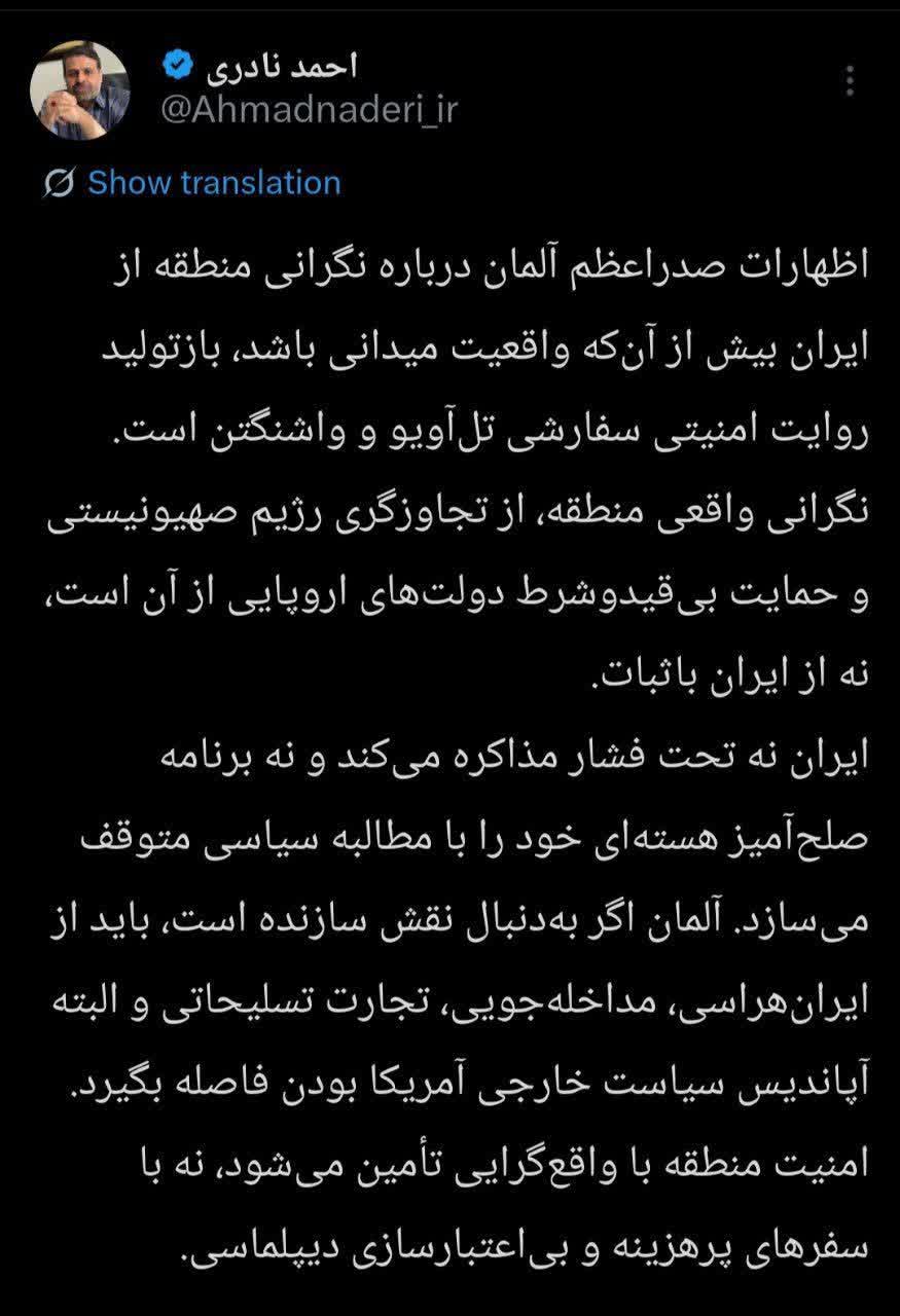 نادری: ایران تحت فشار مذاکره نمیکند/ آلمان از ایران هراسی فاصله بگیرد